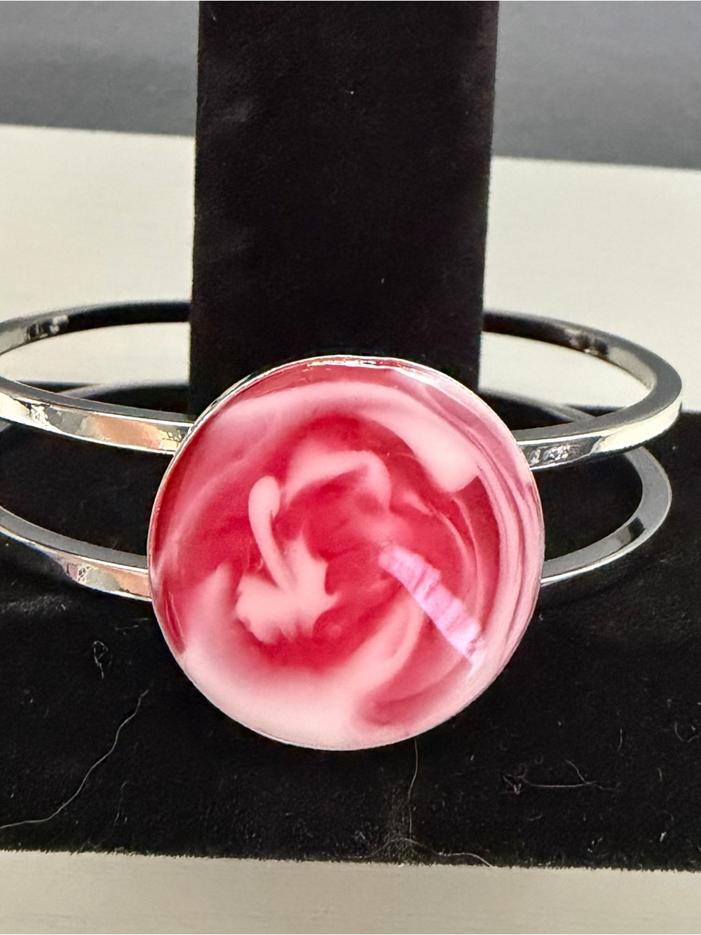 Handcrafted Pink & White Mica Powder Swirl Cabochon Silver Cuff Bracelet